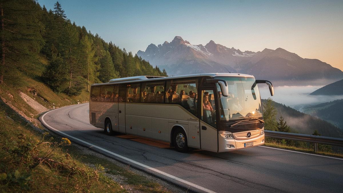 Touring coach on a mountain road at sunrise during a European sightseeing tour
