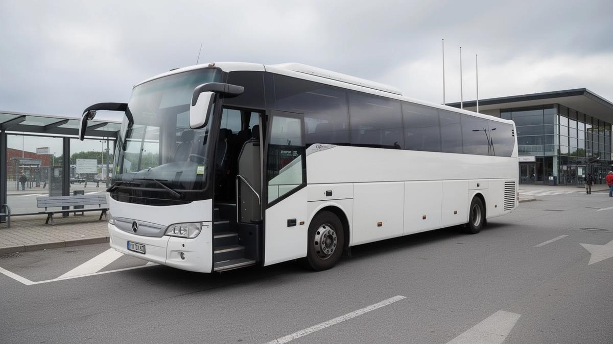 Coach waiting at a European terminal before a morning departure