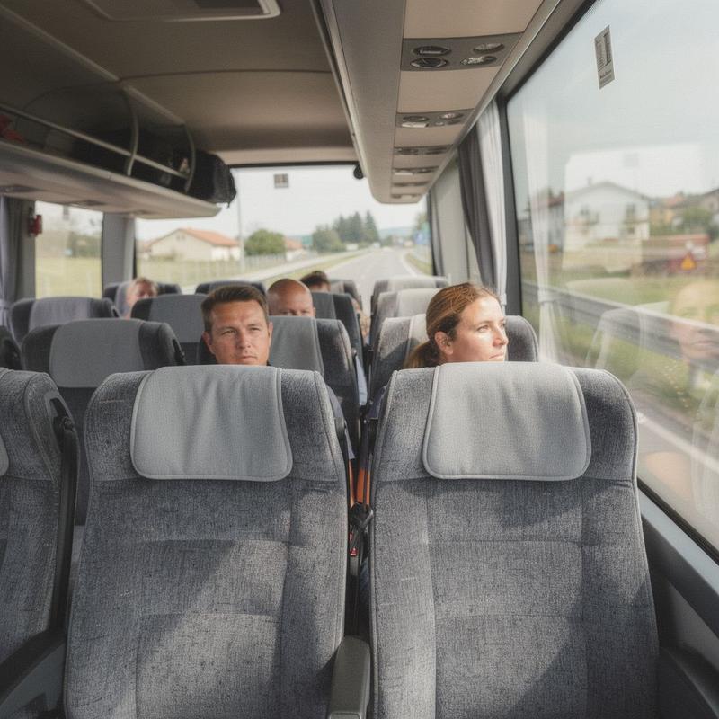 Interior of a Meridian touring coach with passengers seated during a daytime transfer